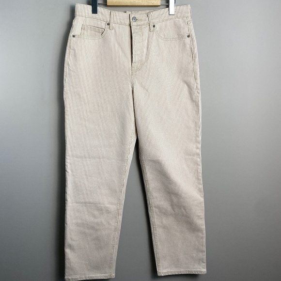 Old Navy Women's Beige Striped Extra High Rise Cotton Pants Size 10 Straight Leg - Picture 1 of 16